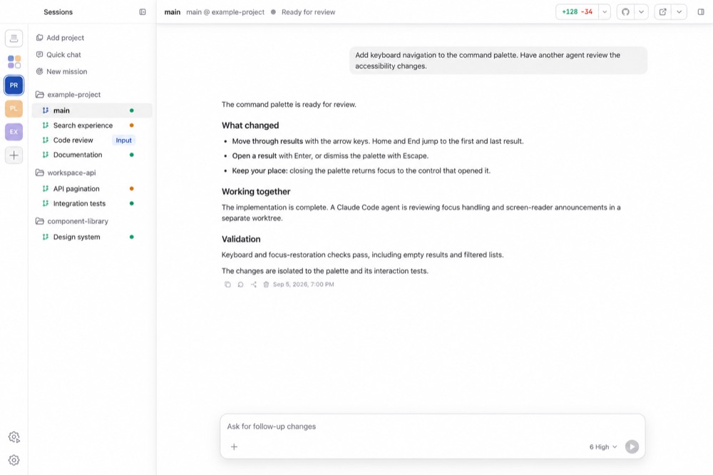 Korus with repository-grouped agents and a conversation, shown with demo data